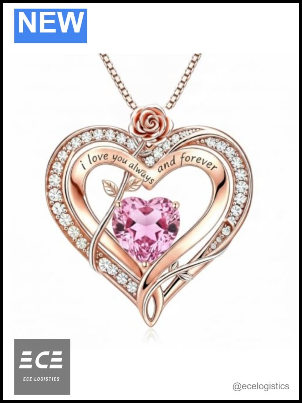 Rose Gold Plated Heart Birthstone Necklace I Love You Pendant Gift for Her